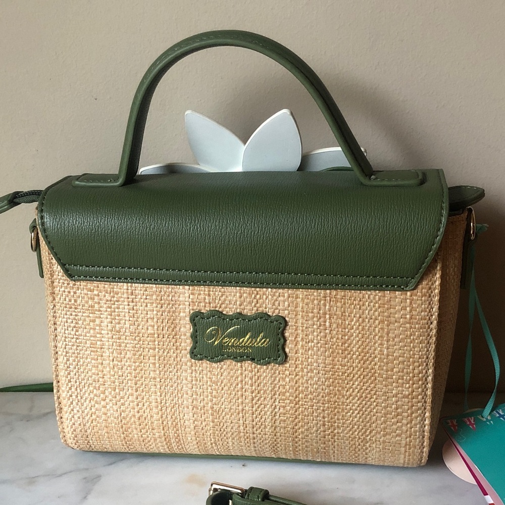 Vendula London RARE Olive Green Floral Applique Straw Top-Handle Bag NWT - Picture 8 of 11